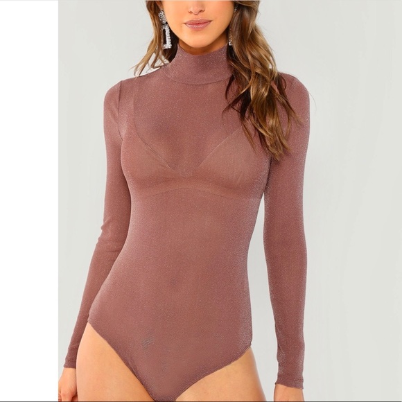 Mauve sparkly mesh turtle neck bodysuit - Picture 4 of 7